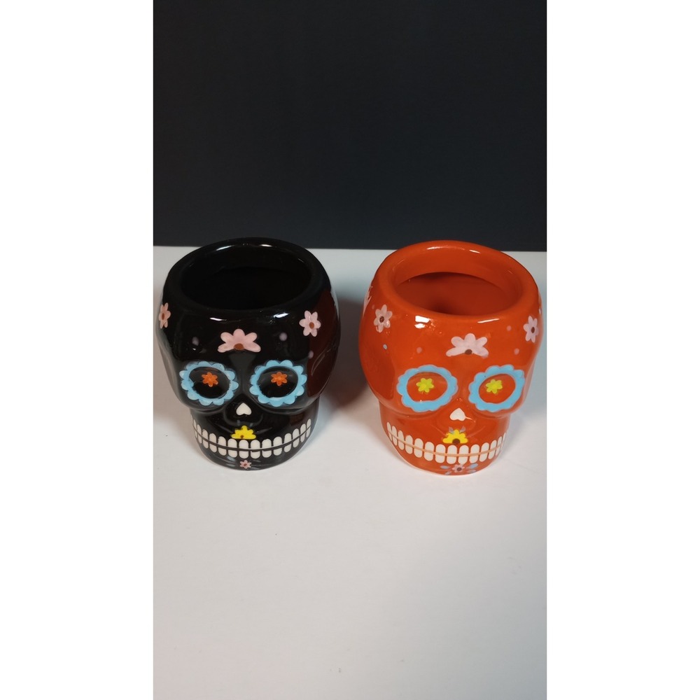 Set of 2 Sugar Scull Succulent Planter Orange/Black Day of the Dead Head Planter